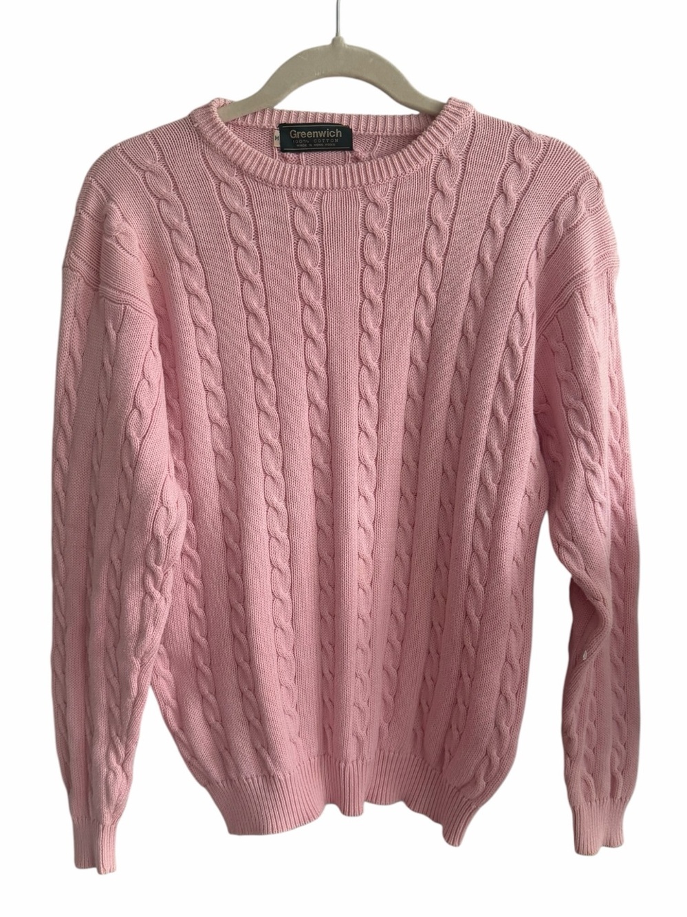 Greenwich Men’s Chunky Cable Knit Sweater Pink‎ Size medium 80s Vintage